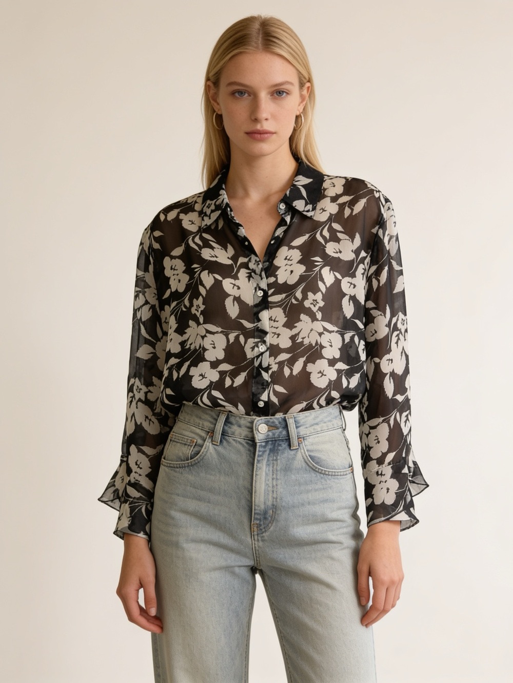 Nicola Sheer Floral Button Front Blouse XL Black White Ruffle Sleeve